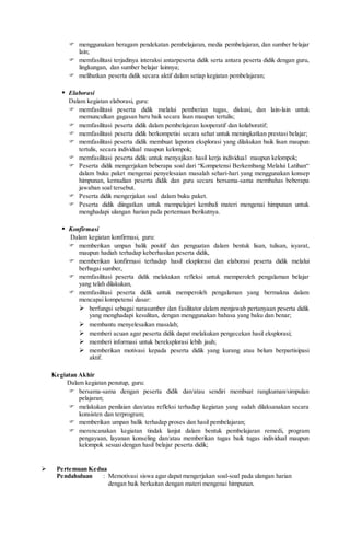 menggunakan beragam pendekatan pembelajaran, media pembelajaran, dan sumber belajar
lain;
 memfasilitasi terjadinya interaksi antarpeserta didik serta antara peserta didik dengan guru,
lingkungan, dan sumber belajar lainnya;
 melibatkan peserta didik secara aktif dalam setiap kegiatan pembelajaran;
 Elaborasi
Dalam kegiatan elaborasi, guru:
 memfasilitasi peserta didik melalui pemberian tugas, diskusi, dan lain-lain untuk
memunculkan gagasan baru baik secara lisan maupun tertulis;
 memfasilitasi peserta didik dalam pembelajaran kooperatif dan kolaboratif;
 memfasilitasi peserta didik berkompetisi secara sehat untuk meningkatkan prestasi belajar;
 memfasilitasi peserta didik membuat laporan eksplorasi yang dilakukan baik lisan maupun
tertulis, secara individual maupun kelompok;
 memfasilitasi peserta didik untuk menyajikan hasil kerja individual maupun kelompok;
 Peserta didik mengerjakan beberapa soal dari “Kompetensi Berkembang Melalui Latihan“
dalam buku paket mengenai penyelesaian masalah sehari-hari yang menggunakan konsep
himpunan, kemudian peserta didik dan guru secara bersama-sama membahas beberapa
jawaban soal tersebut.
 Peserta didik mengerjakan soal dalam buku paket.
 Peserta didik diingatkan untuk mempelajari kembali materi mengenai himpunan untuk
menghadapi ulangan harian pada pertemuan berikutnya.
 Konfirmasi
Dalam kegiatan konfirmasi, guru:
 memberikan umpan balik positif dan penguatan dalam bentuk lisan, tulisan, isyarat,
maupun hadiah terhadap keberhasilan peserta didik,
 memberikan konfirmasi terhadap hasil eksplorasi dan elaborasi peserta didik melalui
berbagai sumber,
 memfasilitasi peserta didik melakukan refleksi untuk memperoleh pengalaman belajar
yang telah dilakukan,
 memfasilitasi peserta didik untuk memperoleh pengalaman yang bermakna dalam
mencapai kompetensi dasar:
 berfungsi sebagai narasumber dan fasilitator dalam menjawab pertanyaan peserta didik
yang menghadapi kesulitan, dengan menggunakan bahasa yang baku dan benar;
 membantu menyelesaikan masalah;
 memberi acuan agar peserta didik dapat melakukan pengecekan hasil eksplorasi;
 memberi informasi untuk bereksplorasi lebih jauh;
 memberikan motivasi kepada peserta didik yang kurang atau belum berpartisipasi
aktif.
Kegiatan Akhir
Dalam kegiatan penutup, guru:
 bersama-sama dengan peserta didik dan/atau sendiri membuat rangkuman/simpulan
pelajaran;
 melakukan penilaian dan/atau refleksi terhadap kegiatan yang sudah dilaksanakan secara
konsisten dan terprogram;
 memberikan umpan balik terhadap proses dan hasil pembelajaran;
 merencanakan kegiatan tindak lanjut dalam bentuk pembelajaran remedi, program
pengayaan, layanan konseling dan/atau memberikan tugas baik tugas individual maupun
kelompok sesuai dengan hasil belajar peserta didik;
 Pertemuan Kedua
Pendahuluan : Memotivasi siswa agar dapat mengerjakan soal-soal pada ulangan harian
dengan baik berkaitan dengan materi mengenai himpunan.
 