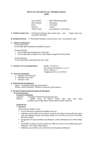 RENCANA PELAKSANAAN PEMBELAJARAN
(RPP)
Nama Sekolah : SMP PGRI Bantargadung
Mata Pelajaran : Matematika
Kelas : VII (Tujuh)
Semester : 2 (Dua)
Alokasi Waktu : 6 jam pelajaran ( 3 pertemuan)
A. Standar Kompetensi : 5. Memahami hubungan garis dengan garis, garis dengan sudut, serta
menentukan ukurannya.
B. Kompetensi Dasar : 5.1 Menentukan hubungan antara dua garis, serta besar dan jenis sudut.
C. Tujuan Pembelajaran:
- Pertemuan Pertama:
Peserta didik dapat menjelaskan kedudukan dua garis
- Pertemuan Kedua:
1. Peserta didik dapat menggunakan satuan sudut
2. Peserta didik dapat mengukur besar sudut dengan menggunakan busur derajat
- Pertemuan Ketiga
Peserta didik dapat membedakan jenis-jenis sudut.
 Karakter siswa yang diharapkan : Disiplin ( Discipline )
Rasa hormat dan perhatian ( respect )
Tekun ( diligence )
Tanggung jawab ( responsibility )
D. Materi Pembelajaran:
a. Hubungan antara dua garis
b. Mengukur besar sudut
c. Jenis-jenis sudut
E. Model/Metode Pembelajaran :
Model : Pembelajaran langsung dan kooperatif .
Metode : Diskusi kelompok, demontrasi, penemuan, dan penugasan.
F. Skenario/Langkah-langkah Kegiatan Pembelajaran
Pertemuan pertama
Kegiatan Pendahuluan
Apersepsi : Mengingat kembali tentang pengertian garis.
Motivasi : Apabila materi ini dikuasai dengan baik, maka akan dapat
membantu peserta didik dalam menyelesaikan masalah sehari-hari.
Kegiatan Inti
 Eksplorasi
Dalam kegiatan eksplorasi, guru:
 Peserta didik dapat menjelaskan kedudukan dua garis
 melibatkan peserta didik mencari informasi yang luas dan dalam tentang topik/tema materi
yang akan dipelajari dengan menerapkan prinsip alam takambang jadi guru dan belajar
dari aneka sumber;
 menggunakan beragam pendekatan pembelajaran, media pembelajaran, dan sumber belajar
lain;
 memfasilitasi terjadinya interaksi antarpeserta didik serta antara peserta didik dengan guru,
lingkungan, dan sumber belajar lainnya;
 melibatkan peserta didik secara aktif dalam setiap kegiatan pembelajaran;
 