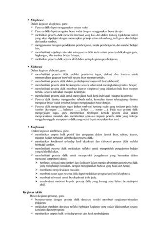  Eksplorasi
Dalam kegiatan eksplorasi, guru:
 Peserta didik dapat menggunakan satuan sudut
 Peserta didik dapat mengukur besar sudut dengan menggunakan busur derajat
 melibatkan peserta didik mencari informasi yang luas dan dalam tentang topik/tema materi
yang akan dipelajari dengan menerapkan prinsip alam takambang jadi guru dan belajar
dari aneka sumber;
 menggunakan beragam pendekatan pembelajaran, media pembelajaran, dan sumber belajar
lain;
 memfasilitasi terjadinya interaksi antarpeserta didik serta antara peserta didik dengan guru,
lingkungan, dan sumber belajar lainnya;
 melibatkan peserta didik secara aktif dalam setiap kegiatan pembelajaran;
 Elaborasi
Dalam kegiatan elaborasi, guru:
 memfasilitasi peserta didik melalui pemberian tugas, diskusi, dan lain-lain untuk
memunculkan gagasan baru baik secara lisan maupun tertulis;
 memfasilitasi peserta didik dalam pembelajaran kooperatif dan kolaboratif;
 memfasilitasi peserta didik berkompetisi secara sehat untuk meningkatkan prestasi belajar;
 memfasilitasi peserta didik membuat laporan eksplorasi yang dilakukan baik lisan maupun
tertulis, secara individual maupun kelompok;
 memfasilitasi peserta didik untuk menyajikan hasil kerja individual maupun kelompok;
 Peserta didik diminta menggambar sebuah sudut, kemudian teman sebangkunya diminta
mengukur besar sudut tersebut dengan menggunakan busur derajat.
 Peserta didik mengerjakan tugas latihan soal-soal tentang sudut yang terdapat pada buku
sumber (karangan …., halaman ….., latihan ….. nomor …). Pada saat peserta didik
mengerjakan tugas, guru memberikan bimbingan kepada peserta didik dalam
menyelesaikan masalah dan memberikan apresiasi kepada peserta didik yang bekerja
sungguh-sungguh atau peserta didik yang sudah dapat menyelesaikan soal.
 Konfirmasi
Dalam kegiatan konfirmasi, guru:
 memberikan umpan balik positif dan penguatan dalam bentuk lisan, tulisan, isyarat,
maupun hadiah terhadap keberhasilan peserta didik,
 memberikan konfirmasi terhadap hasil eksplorasi dan elaborasi peserta didik melalui
berbagai sumber,
 memfasilitasi peserta didik melakukan refleksi untuk memperoleh pengalaman belajar
yang telah dilakukan,
 memfasilitasi peserta didik untuk memperoleh pengalaman yang bermakna dalam
mencapai kompetensi dasar:
 berfungsi sebagai narasumber dan fasilitator dalam menjawab pertanyaan peserta didik
yang menghadapi kesulitan, dengan menggunakan bahasa yang baku dan benar;
 membantu menyelesaikan masalah;
 memberi acuan agar peserta didik dapat melakukan pengecekan hasil eksplorasi;
 memberi informasi untuk bereksplorasi lebih jauh;
 memberikan motivasi kepada peserta didik yang kurang atau belum berpartisipasi
aktif.
Kegiatan Akhir
Dalam kegiatan penutup, guru:
 bersama-sama dengan peserta didik dan/atau sendiri membuat rangkuman/simpulan
pelajaran;
 melakukan penilaian dan/atau refleksi terhadap kegiatan yang sudah dilaksanakan secara
konsisten dan terprogram;
 memberikan umpan balik terhadap proses dan hasil pembelajaran;
 
