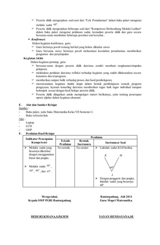  Peserta didik mengerjakan soal-soal dari “Cek Pemahaman“ dalam buku paket mengenai
melukis sudut
o
60 .
 Peserta didik mengerjakan beberapa soal dari “Kompetensi Berkembang Melalui Latihan“
dalam buku paket mengenai pelukisan sudut, kemudian peserta didik dan guru secara
bersama-sama membahas beberapa jawaban soal tersebut..
 Konfirmasi
Dalam kegiatan konfirmasi, guru:
 Guru bertanya jawab tentang hal-hal yang belum diktahui siswa
 Guru bersama siswa bertanya jawab meluruskan kesalahan pemahaman, memberikan
penguatan dan penyimpulan
Kegiatan Akhir
Dalam kegiatan penutup, guru:
 bersama-sama dengan peserta didik dan/atau sendiri membuat rangkuman/simpulan
pelajaran;
 melakukan penilaian dan/atau refleksi terhadap kegiatan yang sudah dilaksanakan secara
konsisten dan terprogram;
 memberikan umpan balik terhadap proses dan hasil pembelajaran;
 merencanakan kegiatan tindak lanjut dalam bentuk pembelajaran remedi, program
pengayaan, layanan konseling dan/atau memberikan tugas baik tugas individual maupun
kelompok sesuai dengan hasil belajar peserta didik;
 Peserta didik diingatkan untuk mempelajari materi berikutnya, yaitu tentang penerapan
oprasi aljabar dalam kegiatan ekonomi.
E. Alat dan Sumber Belajar
Sumber :
- Buku paket, yaitu buku Matematika Kelas VII Semester 2.
- Buku referensilain.
Alat :
- Laptop
- LCD
- OHP
F. Penilaian Hasil Belajar
Indikator Pencapaian
Kompetensi
Penilaian
Teknik
Penilaian
Bentuk
Instrumen
Instrumen/ Soal
 Melukis sudut yang
besarnya diketahui
dengan menggunakan
busur dan jangka.
 Melukis sudut
o
30 ,
o
60 ,
o
90 , dan o
45 .
Tes tertulis Tes uraian  Lukislah sudut KLM berikut.
K M
o
60
L
 Dengan penggaris dan jangka,
lukislah sudut yang besarnya
600
.
Mengetahui,
Kepala SMP PGRI Bantargadung
DEDI RUKMANA,S.Pd.MM
Bantargadung, Juli 2011
Guru Mapel Matematika.
YAYAN HENDAYANA,SE
 