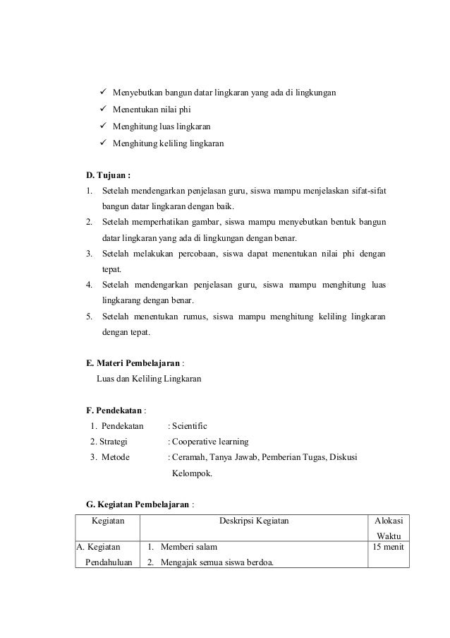 Rpp matematika tentang keliling dan luas lingkaran