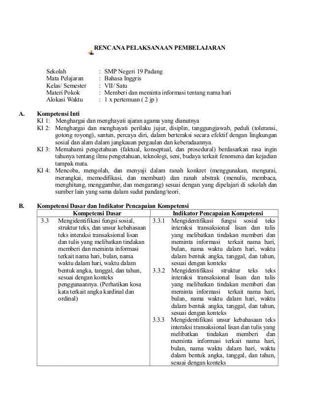 Rpp Bahasa Inggris Kelas Vii