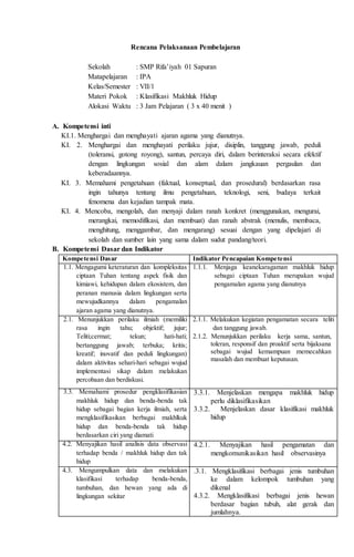 Rpp Ipa Kelas Vii Klasifikasi Makhluk Hidup Pertemuan I Kurikulum 20