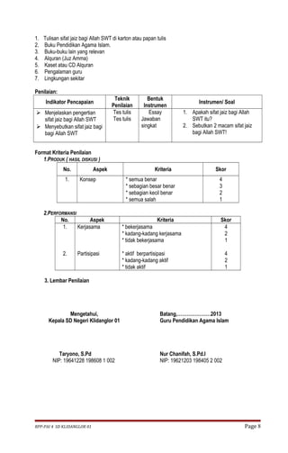 1. Tulisan sifat jaiz bagi Allah SWT di karton atau papan tulis 
2. Buku Pendidikan Agama Islam. 
3. Buku-buku lain yang relevan 
4. Alquran (Juz Amma) 
5. Kaset atau CD Alquran 
6. Pengalaman guru 
7. Lingkungan sekitar 
Penilaian: 
Indikator Pencapaian Teknik 
Penilaian 
Bentuk 
Instrumen Instrumen/ Soal 
 Menjelaskan pengertian 
sifat jaiz bagi Allah SWT 
 Menyebutkan sifat jaiz bagi 
bagi Allah SWT 
Tes tulis 
Tes tulis 
Essay 
Jawaban 
singkat 
1. Apakah sifat jaiz bagi Allah 
SWT itu? 
2. Sebutkan 2 macam sifat jaiz 
bagi Allah SWT! 
Format Kriteria Penilaian 
1.PRODUK ( HASIL DISKUSI ) 
No. Aspek Kriteria Skor 
1. Konsep * semua benar 
* sebagian besar benar 
* sebagian kecil benar 
* semua salah 
4321 
2.PERFORMANSI 
No. Aspek Kriteria Skor 
1. 
2. 
Kerjasama 
Partisipasi 
* bekerjasama 
* kadang-kadang kerjasama 
* tidak bekerjasama 
* aktif berpartisipasi 
* kadang-kadang aktif 
* tidak aktif 
421 
421 
3. Lembar Penilaian 
Mengetahui, 
Kepala SD Negeri Klidanglor 01 
Taryono, S.Pd 
NIP: 19641228 198608 1 002 
Batang,…………………2013 
Guru Pendidikan Agama Islam 
Nur Chanifah, S.Pd.I 
NIP: 19621203 198405 2 002 
RPP-PAI 4 SD KLIDANGLOR 01 Page 8 
 