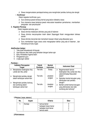  Siswa mengemukakan pendapat tentang cara menghindari perilaku bohong dan dengki
 Konfirmasi
Dalam kegiatan konfirmasi, guru:
 Guru bertanya jawab tentang hal-hal yang belum diketahui siswa
 Guru bersama siswa bertanya jawab meluruskan kesalahan pemahaman, memberikan
penguatan dan penyimpulan
3. Kegiatan Penutup
Dalam kegiatan penutup, guru:
 Siswa diminta melakukan aktivitas yang ada di halaman
 Siswa diminta menyimpulkan kisah dalam Sepenggal Kisah menggunakan bahasa
sendiri
 Siswa diminta menyimak dan memahami bacaan intisari yang dibacakan guru
 Guru memberikan tugas siswa untuk mengerjakan latihan yang ada di halaman , dan
menulisnya di buku tugas
Alat/Sumber belajar:
1. Teks kisah Musailamah Al Kazzab
2. Ayat Alquran atau hadis yang berkaitan dengan bahan ajar
3. Buku Pendidikan Agama Islam
4. Pengalaman guru
5. Lingkungan sekitar
Penilaian :
Indikator Pencapaian
Target
Teknik
Penilaian
Bentuk
Instrumen
Instrumen/ Soal
 Menjelaskan kedengkian Abu
Lahab dan Abu Jahal
 Menghindari perilaku dengki
dalam kehidupan sehari-hari
 Menghindari perilaku bohong
dan sombong dalam
kehidupan sehari-hari
Tes tulis
Tes tulis
Tes tulis
Essay
Jawaban
singkat
Jawaban
singkat
 Bagaimanakah bentuk
kedengkian Abu Lahab dan Abu
Jahal terhadap Rasulullah
SAW?
 Sebutkan bentuk kerugian yang
ditimbulkan dari perilaku
dengki?
 Berilah contoh bentuk kerugian
yang ditimbulkan dari sifat
sombong dan bohong?
1.PRODUK ( HASIL DISKUSI )
No. Aspek Kriteria Skor
1. Konsep * semua benar
* sebagian besar benar
* sebagian kecil benar
* semua salah
4
3
2
1
2.PERFORMANSI
 