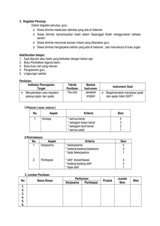 3. Kegiatan Penutup
Dalam kegiatan penutup, guru:
 Siswa diminta melakukan aktivitas yang ada di halaman
 Siswa diminta menyimpulkan kisah dalam Sepenggal Kisah menggunakan bahasa
sendiri
 Siswa diminta menyimak bacaan intisari yang dibacakan guru
 Siswa diminta mengerjakan latihan yang ada di halaman , dan menulisnya di buku tugas
Alat/Sumber belajar:
1. Ayat Alquran atau hadis yang berkaitan dengan bahan ajar
2. Buku Pendidikan Agama Islam.
3. Buku-buku lain yang relevan
4. Pengalaman guru
5. Lingkungan sekitar
Penilaian:
Indikator Pencapaian
Target
Teknik
Penilaian
Bentuk
Instrumen
Instrumen/ Soal
 Menyebutkan cara meyakini
adanya qada’ dan qadar
Tes tulis Jawaban
singkat
 Bagaimanakah menyikapi qada’
dan qadar Allah SWT?
1.PRODUK ( HASIL DISKUSI )
No. Aspek Kriteria Skor
1. Konsep * semua benar
* sebagian besar benar
* sebagian kecil benar
* semua salah
4
3
2
1
2.PERFORMANSI
No. Aspek Kriteria Skor
1.
2.
Kerjasama
Partisipasi
* bekerjasama
* kadang-kadang kerjasama
* tidak bekerjasama
* aktif berpartisipasi
* kadang-kadang aktif
* tidak aktif
4
2
1
4
2
1
3. Lembar Penilaian
No Nama Siswa
Performan
Produk
Jumlah
Skor
Nilai
Kerjasama Partisipasi
1.
2.
3.
4.
5.
6.
 
