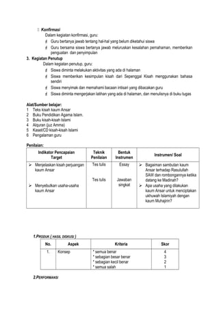  Konfirmasi
Dalam kegiatan konfirmasi, guru:
 Guru bertanya jawab tentang hal-hal yang belum diketahui siswa
 Guru bersama siswa bertanya jawab meluruskan kesalahan pemahaman, memberikan
penguatan dan penyimpulan
3. Kegiatan Penutup
Dalam kegiatan penutup, guru:
 Siswa diminta melakukan aktivitas yang ada di halaman
 Siswa memberikan kesimpulan kisah dari Sepenggal Kisah menggunakan bahasa
sendiri
 Siswa menyimak dan memahami bacaan intisari yang dibacakan guru
 Siswa diminta mengerjakan latihan yang ada di halaman, dan menulisnya di buku tugas
Alat/Sumber belajar:
1 Teks kisah kaum Ansar
2 Buku Pendidikan Agama Islam.
3 Buku kisah-kisah Islami
4 Alquran (juz Amma)
5 Kaset/CD kisah-kisah Islami
6 Pengalaman guru
Penilaian:
Indikator Pencapaian
Target
Teknik
Penilaian
Bentuk
Instrumen
Instrumen/ Soal
 Menjelaskan kisah perjuangan
kaum Ansar
 Menyebutkan usaha-usaha
kaum Ansar
Tes tulis
Tes tulis
Essay
Jawaban
singkat
 Bagaiman sambutan kaum
Ansar terhadap Rasulullah
SAW dan rombongannya ketika
datang ke Madinah?
 Apa usaha yang dilakukan
kaum Ansar untuk menciptakan
ukhuwah Islamiyah dengan
kaum Muhajirin?
1.PRODUK ( HASIL DISKUSI )
No. Aspek Kriteria Skor
1. Konsep * semua benar
* sebagian besar benar
* sebagian kecil benar
* semua salah
4
3
2
1
2.PERFORMANSI
 