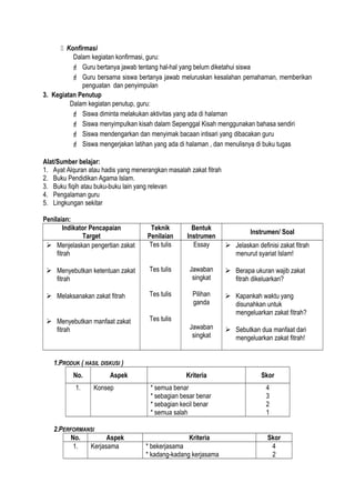  Konfirmasi
Dalam kegiatan konfirmasi, guru:
 Guru bertanya jawab tentang hal-hal yang belum diketahui siswa
 Guru bersama siswa bertanya jawab meluruskan kesalahan pemahaman, memberikan
penguatan dan penyimpulan
3. Kegiatan Penutup
Dalam kegiatan penutup, guru:
 Siswa diminta melakukan aktivitas yang ada di halaman
 Siswa menyimpulkan kisah dalam Sepenggal Kisah menggunakan bahasa sendiri
 Siswa mendengarkan dan menyimak bacaan intisari yang dibacakan guru
 Siswa mengerjakan latihan yang ada di halaman , dan menulisnya di buku tugas
Alat/Sumber belajar:
1. Ayat Alquran atau hadis yang menerangkan masalah zakat fitrah
2. Buku Pendidikan Agama Islam.
3. Buku fiqih atau buku-buku lain yang relevan
4. Pengalaman guru
5. Lingkungan sekitar
Penilaian:
Indikator Pencapaian
Target
Teknik
Penilaian
Bentuk
Instrumen
Instrumen/ Soal
 Menjelaskan pengertian zakat
fitrah
 Menyebutkan ketentuan zakat
fitrah
 Melaksanakan zakat fitrah
 Menyebutkan manfaat zakat
fitrah
Tes tulis
Tes tulis
Tes tulis
Tes tulis
Essay
Jawaban
singkat
Pilihan
ganda
Jawaban
singkat
 Jelaskan definisi zakat fitrah
menurut syariat Islam!
 Berapa ukuran wajib zakat
fitrah dikeluarkan?
 Kapankah waktu yang
disunahkan untuk
mengeluarkan zakat fitrah?
 Sebutkan dua manfaat dari
mengeluarkan zakat fitrah!
1.PRODUK ( HASIL DISKUSI )
No. Aspek Kriteria Skor
1. Konsep * semua benar
* sebagian besar benar
* sebagian kecil benar
* semua salah
4
3
2
1
2.PERFORMANSI
No. Aspek Kriteria Skor
1. Kerjasama * bekerjasama
* kadang-kadang kerjasama
4
2
 