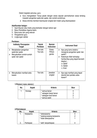 Dalam kegiatan penutup, guru:
 Guru mengadakan Tanya jawab dengan siswa seputar penmahaman siswa tentang
masalah pengertian qada dan qadar, dan contoh-contohnya.
 Siswa diminta memberi kesimpulan singkat dari materi yang disampaiakan
Alat/Sumber belajar:
1. Ayat Alquran atau hadis yang berkaitan dengan bahan ajar
2. Buku Pendidikan Agama Islam.
3. Buku-buku lain yang relevan
4. Pengalaman guru
5. Lingkungan sekitar
Penilaian:
Indikator Pencapaian
Target
Teknik
Penilaian
Bentuk
Instrumen
Instrumen/ Soal
 Menjelaskan pengertian
qada’dan qadar
 Menyebutkan contoh-contoh
qada’ dan qadar
Tes tulis
Tes tulis
Essay
Pilihan
ganda
 Apa yang kamu ketahui
mengenai pengertian qada’ dan
qadar?
 Ketentuan Allah terhadap
hamba-Nya yang dapat berubah
disebut…
a. Qada’
b. Qadar
c. Iman
 Menyebutkan manfaat setia
kawan
Tes tulis Jawaban
singkat
 Apa saja manfaat yang dapat
diambil dari perilaku setia
kawan?
1.PRODUK ( HASIL DISKUSI )
No. Aspek Kriteria Skor
1. Konsep * semua benar
* sebagian besar benar
* sebagian kecil benar
* semua salah
4
3
2
1
2.PERFORMANSI
No. Aspek Kriteria Skor
1.
2.
Kerjasama
Partisipasi
* bekerjasama
* kadang-kadang kerjasama
* tidak bekerjasama
* aktif berpartisipasi
4
2
1
4
 