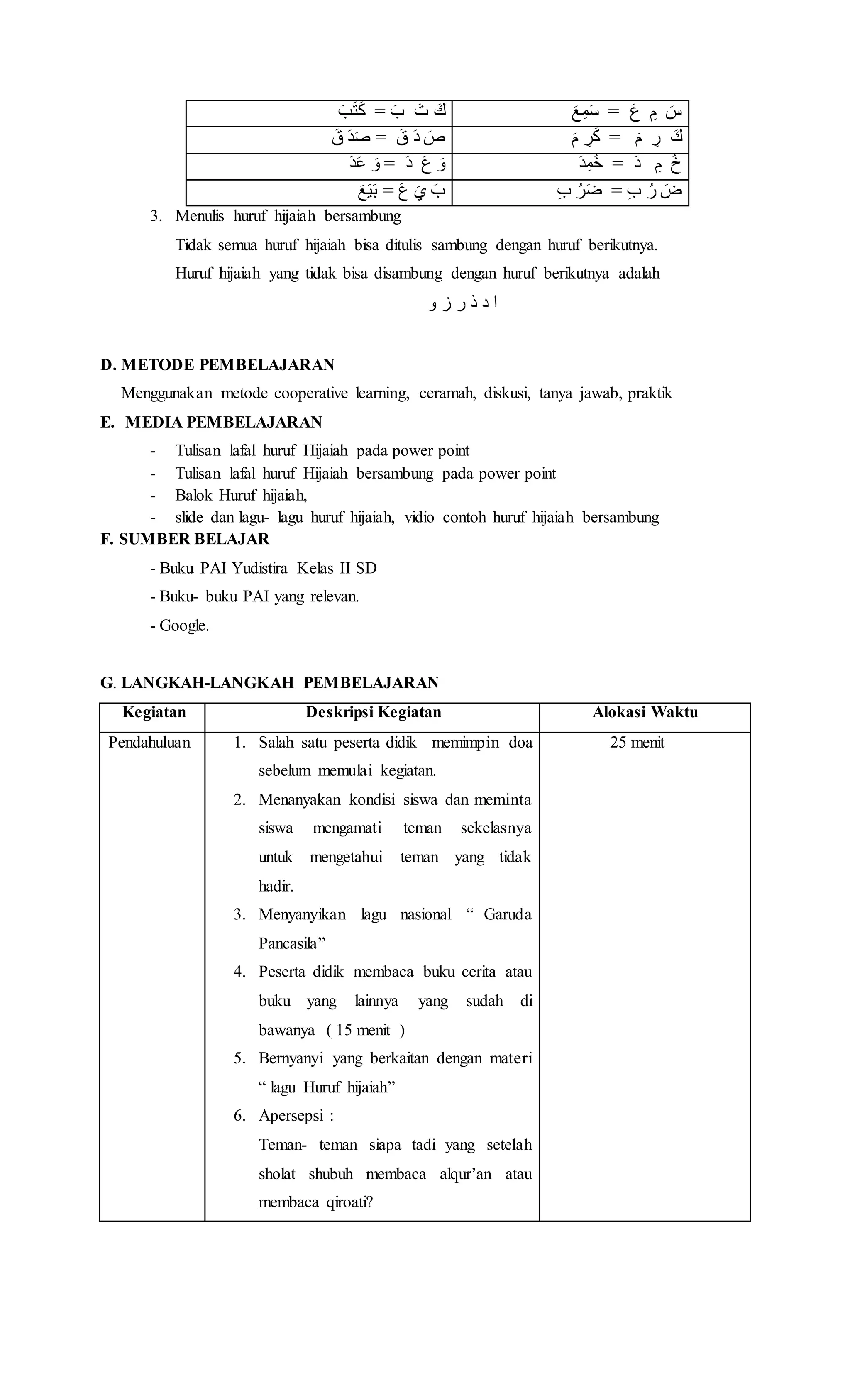 Rpp PAI kelas 2 kurtilas membaca huruf bersambung | DOCX