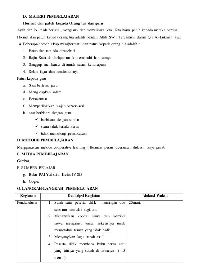 Rpp pai kelas iv semester 1 akhlak terpuji, hormat kepada 