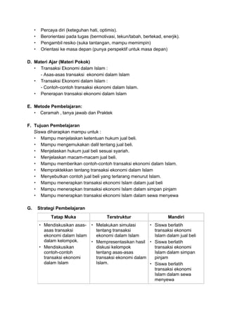  Percaya diri (keteguhan hati, optimis).
 Berorientasi pada tugas (bermotivasi, tekun/tabah, bertekad, enerjik).
 Pengambil resiko (suka tantangan, mampu memimpin)
 Orientasi ke masa depan (punya perspektif untuk masa depan)
D. Materi Ajar (Materi Pokok)
 Transaksi Ekonomi dalam Islam :
- Asas-asas transaksi ekonomi dalam Islam
 Transaksi Ekonomi dalam Islam :
- Contoh-contoh transaksi ekonomi dalam Islam.
 Penerapan transaksi ekonomi dalam Islam
E. Metode Pembelajaran:
 Ceramah , tanya jawab dan Praktek
F. Tujuan Pembelajaran
Siswa diharapkan mampu untuk :
 Mampu menjelaskan ketentuan hukum jual beli.
 Mampu mengemukakan dalil tentang jual beli.
 Menjelaskan hukum jual beli sesuai syariah.
 Menjelaskan macam-macam jual beli.
 Mampu memberikan contoh-contoh transaksi ekonomi dalam Islam.
 Mempraktekkan tentang transaksi ekonomi dalam Islam
 Menyebutkan contoh jual beli yang terlarang menurut Islam.
 Mampu menerapkan transaksi ekonomi Islam dalam jual beli
 Mampu menerapkan transaksi ekonomi Islam dalam simpan pinjam
 Mampu menerapkan transaksi ekonomi Islam dalam sewa menyewa
G. Strategi Pembelajaran
Tatap Muka Terstruktur Mandiri
 Mendiskusikan asas-
asas transaksi
ekonomi dalam Islam
dalam kelompok.
 Mendiskusikan
contoh-contoh
transaksi ekonomi
dalam Islam
 Melakukan simulasi
tentang transaksi
ekonomi dalam Islam
 Mempresentasikan hasil
diskusi kelompok
tentang asas-asas
transaksi ekonomi dalam
Islam.
 Siswa berlatih
transaksi ekonomi
Islam dalam jual beli
 Siswa berlatih
transaksi ekonomi
Islam dalam simpan
pinjam
 Siswa berlatih
transaksi ekonomi
Islam dalam sewa
menyewa
 