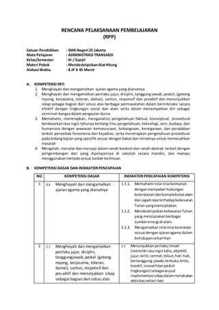 RENCANA PELAKSANAAN PEMBELAJARAN 
(RPP) 
Satuan Pendidikan : SMK Negeri 25 Jakarta 
Mata Pelajaran : ADMINISTRASI TRANSAKSI 
Kelas/Semester : XI / Ganjil 
Materi Pokok : Mendeskripsikan Alat Hitung 
Alokasi Waktu : 8 JP X 45 Menit 
A. KOMPETENSI INTI 
1. Menghayati dan mengamalkan ajaran agama yang dianutnya 
2. Menghayati dan mengamalkan perilaku jujur, disiplin, tanggung jawab, peduli, (gotong 
royong, kerjasama, toleran, damai), santun, responsif dan proaktif dan menunjukkan 
sikap sebagai bagian dari solusi atas berbagai permasalahan dalam berinteraksi secara 
efektif dengan lingkungan sosial dan alam serta dalam menempatkan diri sebagai 
cerminan bangsa dalam pergaulan dunia. 
3. Memahami, menerapkan, menganalisis pengetahuan faktual, konseptual, prosedural 
berdasarkan rasa ingin tahunya tentang ilmu pengetahuan, teknologi, seni, budaya, dan 
humaniora dengan wawasan kemanusiaan, kebangsaan, kenegaraan, dan peradaban 
terkait penyebab fenomena dan kejadian, serta menerapkan pengetahuan prosedural 
pada bidang kajian yang spesifik sesuai dengan bakat dan minatnya untuk memecahkan 
masalah 
4. Mengolah, menalar dan menyaji dalam ranah konkret dan ranah abstrak terkait dengan 
pengembangan dari yang dipelajarinya di sekolah secara mandiri, dan mampu 
menggunakan metoda sesuai kaidah keilmuan 
B. KOMPETENSI DASAR DAN INDIKATOR PENCAPAIAN 
NO KOMPETENSI DASAR INDIKATOR PENCAPAIAN KOMPETENSI 
1 1.1 Menghayati dan mengamalkan 
ajaran agama yang dianutnya 
1.1.1. Memahami nilai nilai keimanan 
dengan menyadari hubungan 
keteratutan dan kompleksitas alam 
dan jagad raya terhadap kebesaran 
Tuhan yang menciptakan. 
1.1.2. Mendeskripsikan kebesaran Tuhan 
yang menciptakan berbagai 
sumber energi di alam. 
1.1.3. Mengamalkan nilai nilai keimanan 
sesuai dengan ajaran agama dalam 
kehidupan sehari hari 
2 2.1 Menghayati dan mengamalkan 
perilaku jujur, disiplin, 
tanggungjawab, peduli (gotong 
royong, kerjasama, toleran, 
damai), santun, responsif dan 
pro-aktif dan menunjukkan sikap 
sebagai bagian dari solusi atas 
2.2 Menunjukkan perilaku ilmiah 
(memiliki rasa ingin tahu, objektif, 
jujur, teliti, cermat, tekun, hati-hati, 
bertanggung-jawab, terbuka, kritis, 
kreatif, inovatif dan peduli 
lingkungan) sebagai wujud 
implementasi sikap dalam melakukan 
aktivitas sehari-hari 
 