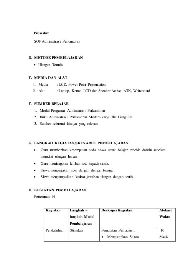 Rpp pengantar administrasi perkantoran kd 4 pertemuan 14 (uh 4)