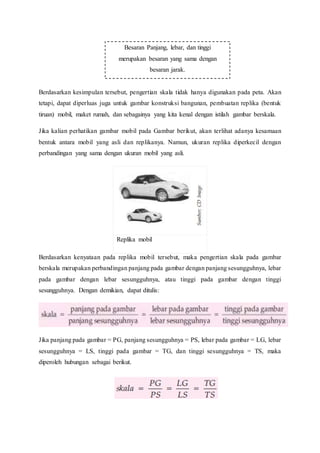 Berdasarkan kesimpulan tersebut, pengertian skala tidak hanya digunakan pada peta. Akan
tetapi, dapat diperluas juga untuk gambar konstruksi bangunan, pembuatan replika (bentuk
tiruan) mobil, maket rumah, dan sebagainya yang kita kenal dengan istilah gambar berskala.
Jika kalian perhatikan gambar mobil pada Gambar berikut, akan terlihat adanya kesamaan
bentuk antara mobil yang asli dan replikanya. Namun, ukuran replika diperkecil dengan
perbandingan yang sama dengan ukuran mobil yang asli.
Replika mobil
Berdasarkan kenyataan pada replika mobil tersebut, maka pengertian skala pada gambar
berskala merupakan perbandingan panjang pada gambar dengan panjang sesungguhnya, lebar
pada gambar dengan lebar sesungguhnya, atau tinggi pada gambar dengan tinggi
sesungguhnya. Dengan demikian, dapat ditulis:
Jika panjang pada gambar = PG, panjang sesungguhnya = PS, lebar pada gambar = LG, lebar
sesungguhnya = LS, tinggi pada gambar = TG, dan tinggi sesungguhnya = TS, maka
diperoleh hubungan sebagai berikut.
Besaran Panjang, lebar, dan tinggi
merupakan besaran yang sama dengan
besaran jarak.
 