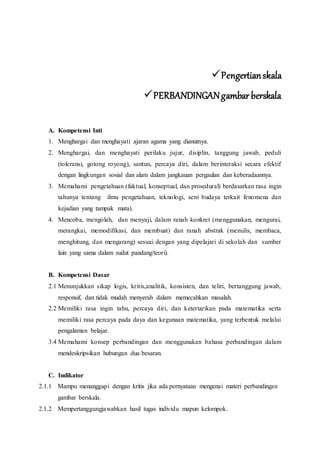 Pengertianskala
PERBANDINGANgambar berskala
A. Kompetensi Inti
1. Menghargai dan menghayati ajaran agama yang dianutnya.
2. Menghargai, dan menghayati perilaku jujur, disiplin, tanggung jawab, peduli
(toleransi, gotong royong), santun, percaya diri, dalam berinteraksi secara efektif
dengan lingkungan sosial dan alam dalam jangkauan pergaulan dan keberadaannya.
3. Memahami pengetahuan (faktual, konseptual, dan prosedural) berdasarkan rasa ingin
tahunya tentang ilmu pengetahuan, teknologi, seni budaya terkait fenomena dan
kejadian yang tampak mata).
4. Mencoba, mengolah, dan menyaji, dalam ranah konkret (menggunakan, mengurai,
merangkai, memodifikasi, dan membuat) dan ranah abstrak (menulis, membaca,
menghitung, dan mengarang) sesuai dengan yang dipelajari di sekolah dan sumber
lain yang sama dalam sudut pandang/teori).
B. Kompetensi Dasar
2.1 Menunjukkan sikap logis, kritis,analitik, konsisten, dan teliti, bertanggung jawab,
responsif, dan tidak mudah menyerah dalam memecahkan masalah.
2.2 Memiliki rasa ingin tahu, percaya diri, dan ketertarikan pada matematika serta
memiliki rasa percaya pada daya dan kegunaan matematika, yang terbentuk melalui
pengalaman belajar.
3.4 Memahami konsep perbandingan dan menggunakan bahasa perbandingan dalam
mendeskripsikan hubungan dua besaran.
C. Indikator
2.1.1 Mampu menanggapi dengan kritis jika ada pernyataan mengenai materi perbandingan
gambar berskala.
2.1.2 Mempertanggungjawabkan hasil tugas individu mapun kelompok.
 