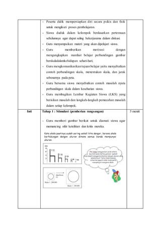- Peserta didik mempersiapkan diri secara psikis dan fisik
untuk mengikuti proses pembelajaran.
- Siswa duduk dalam kelompok berdasarkan pertemuan
sebelumnya agar dapat saling bekerjasama dalam diskusi.
- Guru menyampaikan materi yang akan dipelajari siswa.
- Guru memberikan motivasi dengan
mengungkapkan manfaat belajar perbandingan gambar
berskaladalamkehidupan sehari-hari;
- Guru mengkomunikasikan tujuan belajar yaitu menyebutkan
contoh perbandingan skala, menentukan skala, dan jarak
sebenarnya pada peta.
- Guru bersama siswa menyebutkan contoh masalah nyata
perbandingan skala dalam keseharian siswa.
- Guru membagikan Lembar Kegiatan Siswa (LKS) yang
berisikan masalah dan langkah-langkah pemecahan masalah
dalam setiap kelompok.
Inti Tahap 1 : Stimulasi (pemberian rangsangan)
- Guru memberi gambar berikut untuk diamati siswa agar
memancing sifat ketelitian dan kritis mereka.
5 menitt
 