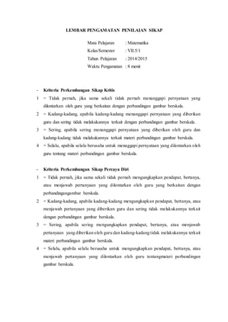 LEMBAR PENGAMATAN PENILAIAN SIKAP
Mata Pelajaran : Matematika
Kelas/Semester : VII.5/1
Tahun Pelajaran : 2014/2015
Waktu Pengamatan : 8 menit
- Kriteria Perkembangan Sikap Kritis
1 = Tidak pernah, jika sama sekali tidak pernah menanggapi pernyataan yang
dilontarkan oleh guru yang berkaitan dengan perbandingan gambar berskala.
2 = Kadang-kadang, apabila kadang-kadang menanggapi pernyataan yang diberikan
guru dan sering tidak melakukannya terkait dengan perbandingan gambar berskala.
3 = Sering, apabila sering menanggapi pernyataan yang diberikan oleh guru dan
kadang-kadang tidak melakukannya terkait materi perbandingan gambar berskala.
4 = Selalu, apabila selalu berusaha untuk menaggapi pernyataan yang dilontarkan oleh
guru tentang materi perbandingan gambar berskala.
- Kriteria Perkembangan Sikap Percaya Diri
1 = Tidak pernah, jika sama sekali tidak pernah mengungkapkan pendapat, bertanya,
atau menjawab pertanyaan yang dilontarkan oleh guru yang berkaitan dengan
perbandingangambar berskala.
2 = Kadang-kadang, apabila kadang-kadang mengungkapkan pendapat, bertanya, atau
menjawab pertanyaan yang diberikan guru dan sering tidak melakukannya terkait
dengan perbandingan gambar berskala.
3 = Sering, apabila sering mengungkapkan pendapat, bertanya, atau menjawab
pertanyaan yang diberikan oleh guru dan kadang-kadang tidak melakukannya terkait
materi perbandingan gambar berskala.
4 = Selalu, apabila selalu berusaha untuk mengungkapkan pendapat, bertanya, atau
menjawab pertanyaan yang dilontarkan oleh guru tentangmateri perbandingan
gambar berskala.
 