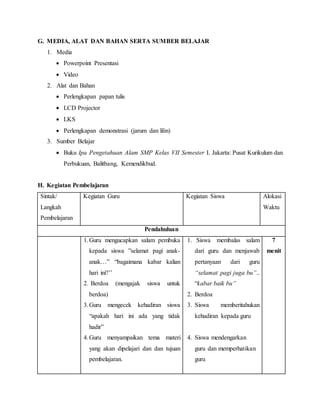 G. MEDIA, ALAT DAN BAHAN SERTA SUMBER BELAJAR
1. Media
 Powerpoint Presentasi
 Video
2. Alat dan Bahan
 Perlengkapan papan tulis
 LCD Projector
 LKS
 Perlengkapan demonstrasi (jarum dan lilin)
3. Sumber Belajar
 Buku Ipa Pengetahuan Alam SMP Kelas VII Semester I. Jakarta: Pusat Kurikulum dan
Perbukuan, Balitbang, Kemendikbud.
H. Kegiatan Pembelajaran
Sintak/
Langkah
Pembelajaran
Kegiatan Guru Kegiatan Siswa Alokasi
Waktu
Pendahuluan
1.Guru mengucapkan salam pembuka
kepada siswa ”selamat pagi anak-
anak…” “bagaimana kabar kalian
hari ini?’’
2. Berdoa (mengajak siswa untuk
berdoa)
3.Guru mengecek kehadiran siswa
“apakah hari ini ada yang tidak
hadir”
4.Guru menyampaikan tema materi
yang akan dipelajari dan dan tujuan
pembelajaran.
1. Siswa membalas salam
dari guru dan menjawab
pertanyaan dari guru
“selamat pagi juga bu”..
“kabar baik bu”
2. Berdoa
3. Siswa memberitahukan
kehadiran kepada guru
4. Siswa mendengarkan
guru dan memperhatikan
guru
7
menit
 