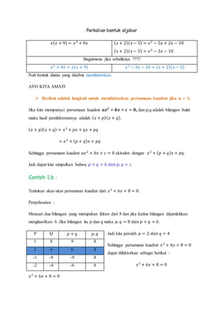 Perkalian bentuk aljabar
𝑥( 𝑥 + 9) = 𝑥2
+ 9𝑥 ( 𝑥 + 2)( 𝑥 − 5) = 𝑥2
− 5𝑥 + 2𝑥 − 10
( 𝑥 + 2)( 𝑥 − 5) = 𝑥2
− 3𝑥 − 10
Bagaimana jika sebaliknya ????
𝑥2
+ 9𝑥 = 𝑥( 𝑥 + 9) 𝑥2
− 3𝑥 − 10 = ( 𝑥 + 2)( 𝑥 − 5)
Nah bentuk diatas yang disebut memfaktorkan.
AYO KITA AMATI
 Berikut adalah langkah untuk memfaktorkan persamaan kuadrat jika 𝒂 = 𝟏.
Jika kita mempunyai persamaan kuadrat 𝒂𝒙 𝟐
+ 𝒃𝒙 + 𝒄 = 𝟎, dan p,q adalah bilangan bulat
maka hasil pemfaktorannya adalah ( 𝑥 + 𝑝)( 𝑥 + 𝑞).
( 𝑥 + 𝑝)( 𝑥 + 𝑞) = 𝑥2
+ 𝑝𝑥 + 𝑞𝑥 + 𝑝𝑞
= 𝑥2
+ ( 𝑝 + 𝑞) 𝑥 + 𝑝𝑞
Sehingga persamaan kuadrat 𝑎𝑥2
+ 𝑏𝑥 + 𝑐 = 0 ekivalen dengan 𝑥2
+ ( 𝑝 + 𝑞) 𝑥 + 𝑝𝑞.
Jadi dapat kita simpulkan bahwa 𝑝 + 𝑞 = 𝑏 𝑑𝑎𝑛 𝑝. 𝑞 = 𝑐.
Contoh 1.b :
Tentukan akar-akar persamaan kuadrat dari 𝑥2
+ 6𝑥 + 8 = 0.
Penyelesaian :
Mencari dua bilangan yang merupakan faktor dari 8 dan jika kedua bilangan dijumlahkan
menghasilkan 6. Jika bilangan itu p dan q maka 𝑝. 𝑞 = 8 𝑑𝑎𝑛 𝑝 + 𝑞 = 6.
Jadi kita peroleh 𝑝 = 2 𝑑𝑎𝑛 𝑞 = 4
Sehingga persamaan kuadrat 𝑥2
+ 6𝑥 + 8 = 0
dapat difaktorkan sebagai berikut :
𝑥2
+ 6𝑥 + 8 = 0
𝑥2
+ 6𝑥 + 8 = 0
P Q 𝑝 + 𝑞 𝑝. 𝑞
1 8 9 8
2 4 6 8
-1 -8 -9 8
-2 -4 -6 8
 