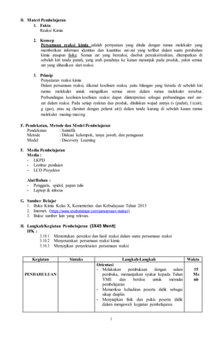 2
D. Materi Pembelajaran
1. Fakta
Reaksi Kimia
2. Konsep
Persamaan reaksi kimia adalah pernyataan yang ditulis dengan rumus molekuler yang
memberikan informasi identitas dan kuantitas zat-zat yang terlibat dalam suatu perubahan
kimia ataupun fisika. Semua zat yang bereaksi, disebut pereaksi/reaktan, ditempatkan di
sebelah kiri tanda panah, yang arah panahnya ke kanan menunjuk pada produk, yakni semua
zat yang dihasilkan dari reaksi.
3. Prinsip
Penyetaran reaksi kimia
Dalam persamaan reaksi, dikenal koefisien reaksi, yaitu bilangan yang berada di sebelah kiri
rumus molekuler untuk mengalikan semua atom dalam rumus molekuler tersebut.
Perbandingan koefisien-koefisien reaksi dapat diinterpretasi sebagai perbandingan mol zat-
zat dalam reaksi. Pada setiap reaktan dan produk, dituliskan wujud zatnya (s (padat), l (cair),
g (gas), atau aq (larutan dengan pelarut air)) dalam tanda kurung di sebelah kanan rumus
molekuler masing-masing.
F. Pendekatan, Metode dan Model Pembelajaran
Pendekatan : Saintifik
Metode : Diskusi kelompok, tanya jawab, dan penugasan
Model : Discovery Learning
F. Media Pembelajaran
Media :
- LKPD
- Lembar penilaian
- LCD Proyektor
Alat/Bahan :
- Penggaris, spidol, papan tulis
- Laptop & infocus
G. Sumber Belajar
1. Buku Kimia Kelas X, Kementerian dan Kebudayaan Tahun 2013
2. Internet. (https://www.studiobelajar.com/persamaan-reaksi/)
3. Buku/ sumber lain yang relevan.
H. Langkah/Kegiatan Pembelajaran (3X45 Menit)
IPK :
3.10.1 Menentukan pereaksi dan hasil reaksi dalam suatu persamaan reaksi
3.10.2 Menyetarakan persamaan reaksi kimia
3.10.3 Menyajikan penyelesaian persamaan reaksi
Kegiatan Sintaks Langkah-Langkah Waktu
PENDAHULUAN
Orientasi
- Melakukan pembukaan dengan salam
pembuka, memanjatkan syukur kepada Tuhan
YME dan berdoa untuk memulai
pembelajaran
- Memeriksa kehadiran peserta didik sebagai
sikap disiplin
- Menyiapkan fisik dan psikis peserta didik
dalam mengawali kegiatan pembelajaran.
15
Me
nit
 