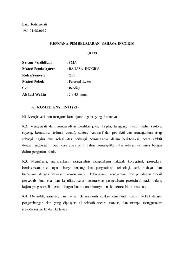 Rpp personal letter laily rahmawati | PDF | Free Download