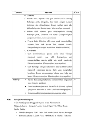 Tahapan Kegiatan Waktu
d. Asosiasi
Peserta didik dipandu oleh guru mendiskusikan tentang
hubungan jarak, kecepatan, dan waktu dengan mencari
informasi dan dibandingkan dengan sumber yang ada.
(Menghubungkan dengan materi lain, membuat rumusan)
Peserta didik dipandu guru menyimpulkan tentang
hubungan jarak, kecepatan, dan waktu. (Menghubungkan
dengan materi lain, membuat rumusan)
Peserta didik dibimbing oleh guru untuk menumbuhkan
gagasan baru baik secara lisan maupun tertulis.
(Menghubungkan dengan materi lain, membuat rumusan)
e. Konfirmasi
Guru mempersilahkan peserta didik untuk bertanya
mengenai materi yang telah disampaikan, dan
mempersilahkan peserta didik lain untuk menjawab.
(Mempresentasikan, Mendialogkan, Menyimpulkan)
Guru berfungsi sebagai narasumber dan fasilitator dalam
menjawab pertanyaan peserta didik yang menghadapi
kesulitan, dengan menggunakan bahasa yang baku dan
benar. (Mempresentasikan, Mendialogkan, Menyimpulkan)
Penutup Peserta didik dan guru bersama-sama membuat rangkuman
atau simpulan pelajaran.
Guru melakukan penilaian dan refleksi terhadap kegiatan
yang sudah dilaksanakan secara konsisten dan terprogram.
Guru mengakhiri pelajaran dan mengucapkan salam
10’
VIII. Perangkat Pembelajaran
Media Pembelajaran : Blog pembelajaran fisika, Animasi flash.
Alat pembelajaran : Komputer/Laptop, Spidol, Papan Tulis/White Board.
Sumber Belajar :
Marthen Kanginan. 2007. Fisika SMU untuk Kelas X. Jakarta: Erlangga.
Purwoko & Fendi H..2010. Fisika 1 SMA Kelas X. Jakarta : Yudhistira
 