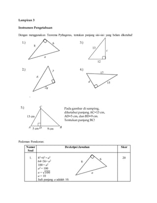 Lampiran 3
Instrumen Pengetahuan
Dengan menggunakan Teorema Pythagoras, tentukan panjang sisi-sisi yang belum diketahui!
1.) 3.)
2.) 4.)
.
5.)
Pedoman Penskoran:
Nomor
Soal
Deskripsi Jawaban Skor
1. 82+62 = a2
64+36= a2
100 = a2
a2 = 100
a = √100
a = 10
Jadi panjang a adalah 10.
20
12
13
c
17
15d
6
8
a
13 cm
5 cm D
C
9 cm
BA
6
8
a
Pada gambar di samping,
diketahui panjang AC=13 cm,
AD=5 cm, dan BD=9 cm.
Tentukan panjang BC!
 