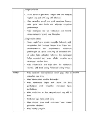 Mengasosiasikan
 Siswa melakukan praktikum dengan tertib dan mengikuti
langkah kerja pada LKS yang telah diberikan
 Guru menyajikan contoh soal untuk menghitung besarnya
usaha pada suatu benda dan selajutnya menyajikan
pemecahannya.
 Guru menyajikan soal lain berdasarkan soal tersebut,
dengan mengubah variabel yang ditanyakan.
Mengkomunikasikan
 Secara selektif guru meminta perwakilan kelompok untuk
menyakinkan hasil kerjanya didepan kelas dengan cara
mempresentasikan hasil eksperimennya, memberikan
pertimbangan ide kepada siswa yang lain dan semua siswa
di dalam kelas sedangkan kelompok lain menanggapi
bahan presentasi dari teman sekelas kemudian guru
menanggapi jawaban siswa.
 Guru merefleksikan hasil kerja siswa dan memberikan
informasi lebih lanjut tentang permasalahan yang dibahas.
Penutup  Guru membantu menyempurnakan materi yang belum di
ungkapkan para siswa.
 Guru bersama siswa membuat kesimpulan.
 Guru memberikan umpan balik proses dan hasil
pembelajaran untuk mengetahui ketercapaian tujuan
pembelajaran.
 Guru memberikan tes lisan mengenai materi yang telah di
bahas
 Pemberian tugas rumah untuk siswa
 Guru meminta siswa untuk mempelajari materi tentang
pertemuan selanjutnya
 Guru menutup pelajaran.
10 menit
 