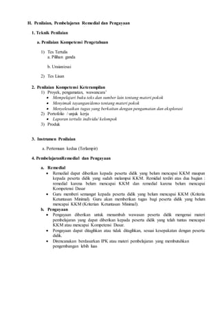 H. Penilaian, Pembelajaran Remedial dan Pengayaan
1. Teknik Penilaian
a. Penilaian Kompetensi Pengetahuan
1) Tes Tertulis
a. Pilihan ganda
b. Uraian/esai
2) Tes Lisan
2. Penilaian Kompetensi Keterampilan
1) Proyek, pengamatan, wawancara’
 Mempelajari buku teks dan sumber lain tentang materi pokok
 Menyimak tayangan/demo tentang materi pokok
 Menyelesaikan tugas yang berkaitan dengan pengamatan dan eksplorasi
2) Portofolio / unjuk kerja
 Laporan tertulis individu/ kelompok
3) Produk
3. Instrumen Penilaian
a. Pertemuan kedua (Terlampir)
4. PembelajaranRemedial dan Pengayaan
a. Remedial
 Remedial dapat diberikan kepada peserta didik yang belum mencapai KKM maupun
kepada peserta didik yang sudah melampui KKM. Remidial terdiri atas dua bagian :
remedial karena belum mencapai KKM dan remedial karena belum mencapai
Kompetensi Dasar
 Guru memberi semangat kepada peserta didik yang belum mencapai KKM (Kriteria
Ketuntasan Minimal). Guru akan memberikan tugas bagi peserta didik yang belum
mencapai KKM (Kriterian Ketuntasan Minimal).
b. Pengayaan
 Pengayaan diberikan untuk menambah wawasan peserta didik mengenai materi
pembelajaran yang dapat diberikan kepada peserta didik yang telah tuntas mencapai
KKM atau mencapai Kompetensi Dasar.
 Pengayaan dapat ditagihkan atau tidak ditagihkan, sesuai kesepakatan dengan peserta
didik.
 Direncanakan berdasarkan IPK atau materi pembelajaran yang membutuhkan
pengembangan lebih luas
 