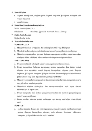 5. Materi Kajian 
a. Diagram batang-daun, diagram garis, diagram lingkaran, piktogram, histogram dan 
poligon frekuensi 
b. Model populasi 
6. Model dan Pendekatan Pembelajaran 
Model Pembelajaran : TPS 
Pendekatan : Scientific Approach, Research Based Learning 
7. Media Pembelajaran 
Modul, lembar kerja 
8. Skenario Pembelajaran 
PENDAHULUAN 
a. Menginformasikan kompetensi dan kemampuan akhir yang diharapkan 
b. Mendeskripsikan cakupan materi dalam pertemuan keempat beserta manfaatnya 
c. Mahasiswa mendapatkan motivasi dari dosen dengan mengaitkan materi yang akan 
dipelajari dalam kehidupan sehari-hari sesuai dengan materi pada website. 
KEGIATAN INTI 
a. Dosen membentuk kelompok secara berpasangan setiap kelompoknya. 
b. Dosen mengajukan beberapa pertanyaan tentang penyajian data dalam bentuk 
diagram serta mereview materi diagram batang-daun, diagram garis, diagram 
lingkaran, piktogram, histogram, poligon frekuensi dan model populasi sesuai materi 
pada website yang telah dijadikan sebagai tugas terstruktur 
c. Mahasiswa secara berpasangan diberi kesempatan untuk berpikir, menganalisis serta 
menyelesaikan masalah yang ada. 
d. Mahasiswa diminta menyajikan dan mempresentasikan hasil tugas diskusi 
kelompoknya di depan kelas. 
e. Dosen mengoreksi hasil diskusi yang dipresentasikan dan memberi penguatan pada 
materi yang masih lemah 
f. Dosen memberi motivasi kepada mahasiswa yang kurang atau belum berpartisipasi 
aktif. 
PENUTUP 
a. Melalui kegiatan diskusi dan bimbingan dosen, mahasiswa dapat membuat simpulan 
tentang diagram batang-daun, diagram garis, diagram lingkaran, piktogram, 
histogram, poligon frekuensi dan model populasi. 
 