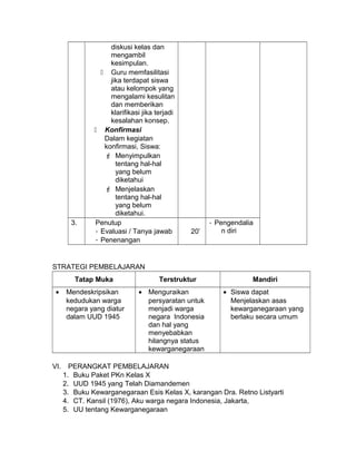 diskusi kelas dan
mengambil
kesimpulan.
 Guru memfasilitasi
jika terdapat siswa
atau kelompok yang
mengalami kesulitan
dan memberikan
klarifikasi jika terjadi
kesalahan konsep.
 Konfirmasi
Dalam kegiatan
konfirmasi, Siswa:
 Menyimpulkan
tentang hal-hal
yang belum
diketahui
 Menjelaskan
tentang hal-hal
yang belum
diketahui.
3. Penutup
- Evaluasi / Tanya jawab
- Penenangan
20’
- Pengendalia
n diri
STRATEGI PEMBELAJARAN
Tatap Muka Terstruktur Mandiri
• Mendeskripsikan
kedudukan warga
negara yang diatur
dalam UUD 1945
• Menguraikan
persyaratan untuk
menjadi warga
negara Indonesia
dan hal yang
menyebabkan
hilangnya status
kewarganegaraan
• Siswa dapat
Menjelaskan asas
kewarganegaraan yang
berlaku secara umum
VI. PERANGKAT PEMBELAJARAN
1. Buku Paket PKn Kelas X
2. UUD 1945 yang Telah Diamandemen
3. Buku Kewarganegaraan Esis Kelas X, karangan Dra. Retno Listyarti
4. CT. Kansil (1976), Aku warga negara Indonesia, Jakarta,
5. UU tentang Kewarganegaraan
 