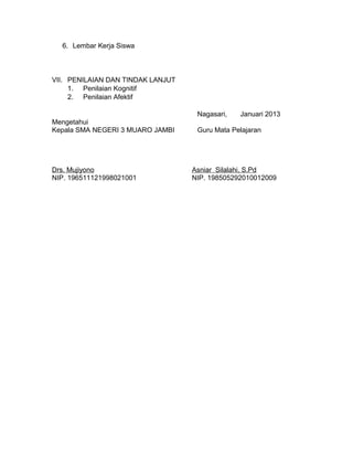 6. Lembar Kerja Siswa
VII. PENILAIAN DAN TINDAK LANJUT
1. Penilaian Kognitif
2. Penilaian Afektif
Nagasari, Januari 2013
Mengetahui
Kepala SMA NEGERI 3 MUARO JAMBI Guru Mata Pelajaran
Drs. Mujiyono Asniar Silalahi, S.Pd
NIP. 196511121998021001 NIP. 198505292010012009
 