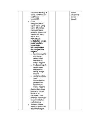 kelompok kecil @ 4
orang, dinamakan
kelompok
kooperatif.
 Guru
menyampaikan
tugas-tugas yang
harus dikerjakan
masing-masing
anggota kelompok
kooperatif, yang
terdiri atas :
Persamaan
kedudukan warga
negara dalam
kehidupan
bermasyarakat,
berbangsa dan
negara
o Landasan yang
menjamin
persamaan
kedudukan
warga negara
o Berbagai aspek
persamaan
kedudukan
setiap warga
negara
o contoh perilaku
yang
menampilkan
persamaan
kedudukan
warga negara
Jika jumlah siswa
40 orang, berarti
terdapat 10
kelompok. Jadi
terdapat kelompok
yang membahas
materi sama.
 Setelah selesai
melakukan diskusi
dalam kelompok
sosial,
tanggung
jawab
Mandiri
 