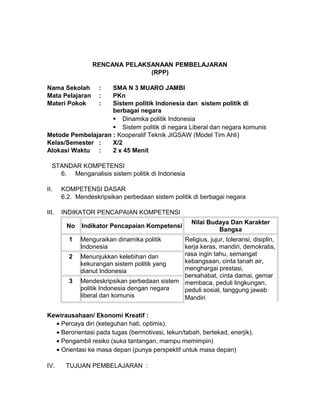 RENCANA PELAKSANAAN PEMBELAJARAN
(RPP)
Nama Sekolah : SMA N 3 MUARO JAMBI
Mata Pelajaran : PKn
Materi Pokok : Sistem politik Indonesia dan sistem politik di
berbagai negara
 Dinamika politik Indonesia
 Sistem politik di negara Liberal dan negara komunis
Metode Pembelajaran : Kooperatif Teknik JIGSAW (Model Tim Ahli)
Kelas/Semester : X/2
Alokasi Waktu : 2 x 45 Menit
STANDAR KOMPETENSI
6. Menganalisis sistem politik di Indonesia
II. KOMPETENSI DASAR
6.2. Mendeskripsikan perbedaan sistem politik di berbagai negara
III. INDIKATOR PENCAPAIAN KOMPETENSI
No Indikator Pencapaian Kompetensi
Nilai Budaya Dan Karakter
Bangsa
1 Menguraikan dinamika politik
Indonesia
Religius, jujur, toleransi, disiplin,
kerja keras, mandiri, demokratis,
rasa ingin tahu, semangat
kebangsaan, cinta tanah air,
menghargai prestasi,
bersahabat, cinta damai, gemar
membaca, peduli lingkungan,
peduli sosial, tanggung jawab
Mandiri
2 Menunjukkan kelebihan dan
kekurangan sistem politik yang
dianut Indonesia
3 Mendeskripsikan perbedaan sistem
politik Indonesia dengan negara
liberal dan komunis
Kewirausahaan/ Ekonomi Kreatif :
• Percaya diri (keteguhan hati, optimis).
• Berorientasi pada tugas (bermotivasi, tekun/tabah, bertekad, enerjik).
• Pengambil resiko (suka tantangan, mampu memimpin)
• Orientasi ke masa depan (punya perspektif untuk masa depan)
IV. TUJUAN PEMBELAJARAN :
 