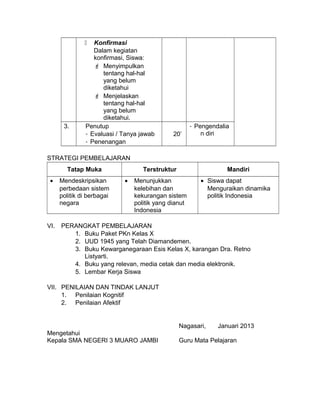  Konfirmasi
Dalam kegiatan
konfirmasi, Siswa:
 Menyimpulkan
tentang hal-hal
yang belum
diketahui
 Menjelaskan
tentang hal-hal
yang belum
diketahui.
3. Penutup
- Evaluasi / Tanya jawab
- Penenangan
20’
- Pengendalia
n diri
STRATEGI PEMBELAJARAN
Tatap Muka Terstruktur Mandiri
• Mendeskripsikan
perbedaan sistem
politik di berbagai
negara
• Menunjukkan
kelebihan dan
kekurangan sistem
politik yang dianut
Indonesia
• Siswa dapat
Menguraikan dinamika
politik Indonesia
VI. PERANGKAT PEMBELAJARAN
1. Buku Paket PKn Kelas X
2. UUD 1945 yang Telah Diamandemen.
3. Buku Kewarganegaraan Esis Kelas X, karangan Dra. Retno
Listyarti.
4. Buku yang relevan, media cetak dan media elektronik.
5. Lembar Kerja Siswa
VII. PENILAIAN DAN TINDAK LANJUT
1. Penilaian Kognitif
2. Penilaian Afektif
Nagasari, Januari 2013
Mengetahui
Kepala SMA NEGERI 3 MUARO JAMBI Guru Mata Pelajaran
 