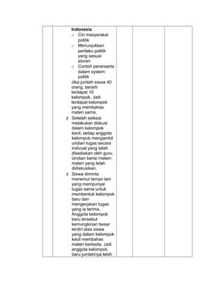 Indonesia
o Ciri masyarakat
politik
o Menunjukkan
perilaku politik
yang sesuai
aturan
o Contoh peranserta
dalam system
politik
Jika jumlah siswa 40
orang, berarti
terdapat 10
kelompok. Jadi
terdapat kelompok
yang membahas
materi sama.
 Setelah selesai
melakukan diskusi
dalam kelompok
kecil, setiap anggota
kelompok mengambil
undian tugas secara
indivual yang telah
disediakan oleh guru.
Undian berisi materi-
materi yang telah
didiskusikan.
 Siswa diminta
menemui teman lain
yang mempunyai
tugas sama untuk
membentuk kelompok
baru dan
mengerjakan tugas
yang ia terima.
Anggota kelompok
baru tersebut
kemungkinan besar
terdiri atas siswa
yang dalam kelompok
kecil membahas
materi berbeda. Jadi
anggota kelompok
baru jumlahnya lebih
 