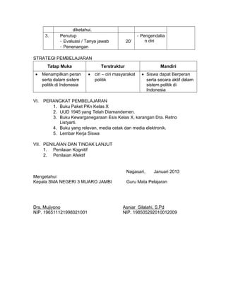 diketahui.
3. Penutup
- Evaluasi / Tanya jawab
- Penenangan
20’
- Pengendalia
n diri
STRATEGI PEMBELAJARAN
Tatap Muka Terstruktur Mandiri
• Menampilkan peran
serta dalam sistem
politik di Indonesia
• ciri – ciri masyarakat
politik
• Siswa dapat Berperan
serta secara aktif dalam
sistem politik di
Indonesia
VI. PERANGKAT PEMBELAJARAN
1. Buku Paket PKn Kelas X
2. UUD 1945 yang Telah Diamandemen.
3. Buku Kewarganegaraan Esis Kelas X, karangan Dra. Retno
Listyarti.
4. Buku yang relevan, media cetak dan media elektronik.
5. Lembar Kerja Siswa
VII. PENILAIAN DAN TINDAK LANJUT
1. Penilaian Kognitif
2. Penilaian Afektif
Nagasari, Januari 2013
Mengetahui
Kepala SMA NEGERI 3 MUARO JAMBI Guru Mata Pelajaran
Drs. Mujiyono Asniar Silalahi, S.Pd
NIP. 196511121998021001 NIP. 198505292010012009
 