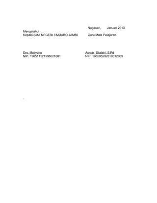 Nagasari, Januari 2013
Mengetahui
Kepala SMA NEGERI 3 MUARO JAMBI Guru Mata Pelajaran
Drs. Mujiyono Asniar Silalahi, S.Pd
NIP. 196511121998021001 NIP. 198505292010012009
.
 