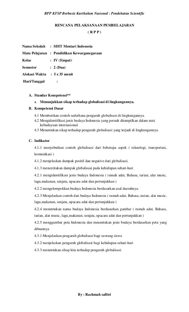 Rpp Pkn Kelas 4 Semester 2 Globalisasi Berbasis Pendekatan Scientific