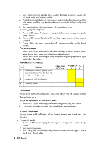1. Guru mengelompokan peserta didik kedalam beberapa kelompok dengan tiap
kelompok terdiri atas 3-5 peserta didik.
2. Peserta didik secara berkelompok menentukan proyek yang akan dikerjakan, menentukan
judul atau permasalahan yang akan dikerjakan yaitu menggambar berbagai grafik fungsi
kuadarat.
3. Guru menyampaikan kriteria penilaian proyek yang dilakukan siswa
Merancang penyelesaian projek
1. Peserta didik secara berkelompok mengidentifikasi cara menggambar grafik
fungsi kuadrat.
2. Peserta didik (secara berkelompok) membagi tugas masing-masing anggota
kelompok
3. Peserta didik menyusun langkah-langkah prosesmenggambar grafik fungsi
kuadrat.
Penyusunan Jadwal
1. Peserta didik secara berkelompok berdiskusi menentukan jadwal kegiatan projek
sesuai dengan target waktu yang telah disampaikan oleh guru.
2. Peserta didik secara berkelompok menyusun jadwal kegiatan penyelesaian tugas
projek tahap demi tahap.
Jadwal Pelaksanaan Proyek
No Kegiatan
INDIKATOR
KINERJA
WAKTU 2 X 4 JAM
1 2
1. Mempelajarin berbagai gambar grafik
fungsi kuadrat berdasarkan 0a , 0a
, 0D , 0D dan 0D
2. Menggambar grafik fungsi kuadrat
4. Penyusunan laporan
Pelaksanaan
Peserta didik melaksanakan kegiatan berdasarkan jadwal yang ada dengan fasilitasi
dan monitoring guru.
Menyusun laporan dan presentasi hasil projek
1. Peserta didik secara berkelompok mendiskusikan gambar yang telah dibuat.
2. Peserta didik secara berkelompok menyusun laporan kegiatan proyek .
Evaluasi Pengalaman
Gurudan peserta didik melakukan refleksi terhadap kegiatan dan produk yang telah
dilakukan
c. Penutup (20 Menit)
1. Peserta didikdimintamenyimpulkantentangcara menggambar grafik fungsi
kuadrat.
2. Guru memberikantugas.
3. Guru mengakhirikegiatanbelajardenganmemberikanpesanuntuktetapgiat belajar
dan di akhiri dengan salam
I. PENILAIAN
 