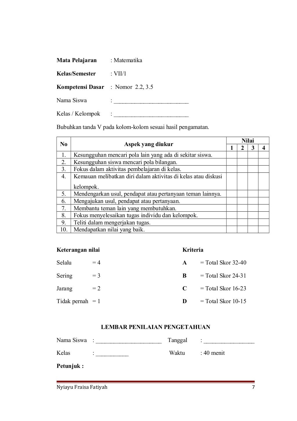 RPP Matematika Materi Pola Bilangan Kelas VII SMP/MTs