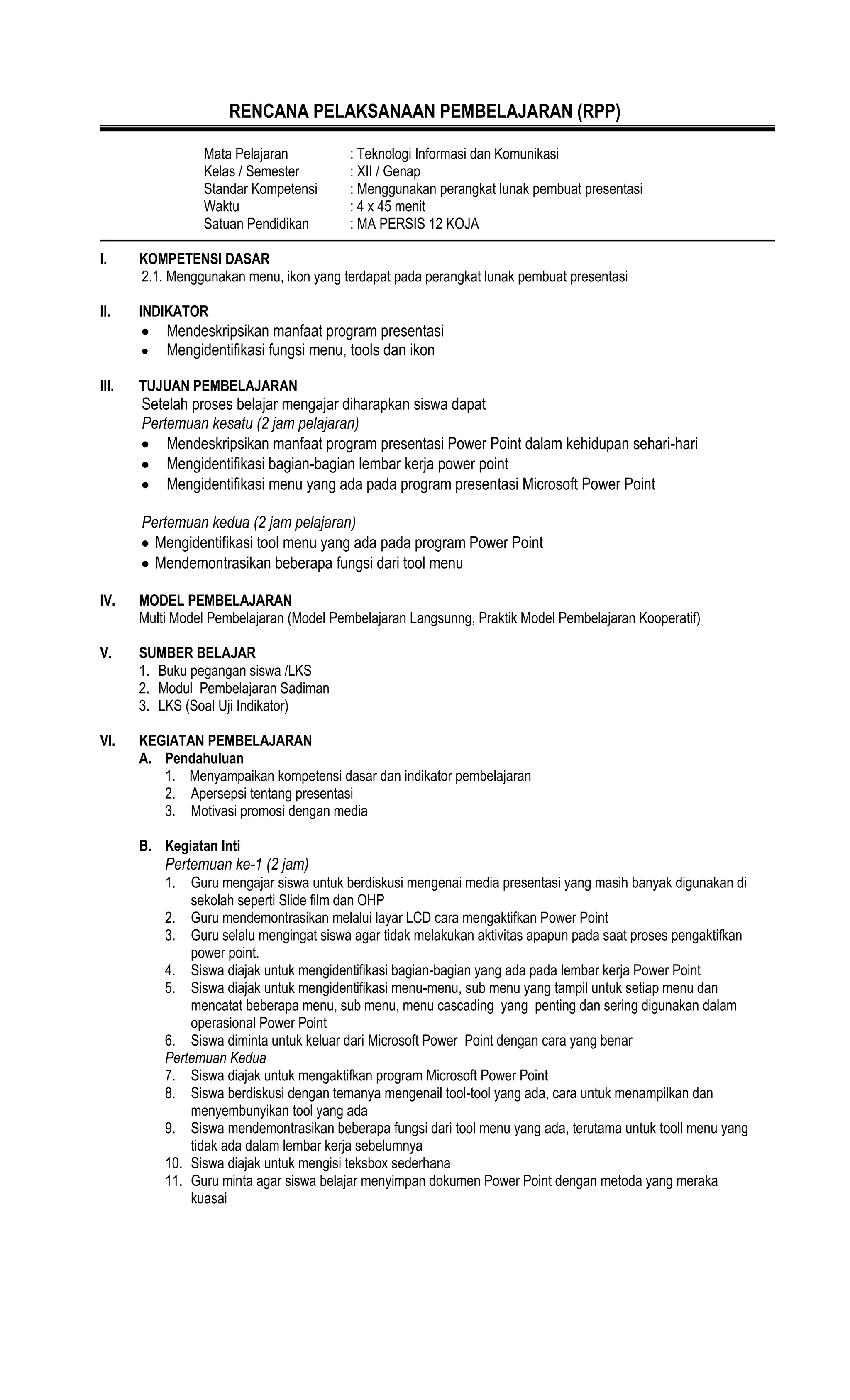 Rpp power point kelas xii | DOCX