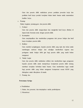 12
Guru dan peserta didik melakukan proses penilaian prosedur kerja dan
penilaian hasil karya produk kerajinan bahan lunak buatan untuk menentukan
kualitas karya.
c. Penutup
Dalam kegiatan penutup,guru dan peserta didik:
1. Evaluasi
Guru dan peserta didik mengevaluasi dan mengkritisi hasil karya dibahas di
dapan kelas bersama-sama dengan peserta didik.
2. Kesimpulan
Guru menyimpulkan dan memberikan penguatan dari proses belajar dan hasil
karya kerajinan peserta didik.
3. Refleksi
Guru memberi penghargaan, kepada peserta didik yang rajin dan tekun untuk
membangun motivasi belajar dan sekaligus memberikan teguran atau
peringatan untuk belajar lebih giat bagi peserta didik yang masih belum
menguasai.
4. Tindak Lanjut
Guru dan peserta didik melakukan refleksi dan memberikan tugas pengayaan
kepada peserta didik untuk memperkaya kompetensi peserta didik tentang
membuat kerajinan berbahan lunak buatan. Guru memberikan tugas remidi
bagi peserta didik yang belum menguasai kompetensi sesuai KKM yang
ditetapkan untuk dikerjakan di rumah.
5. Penutup doa
Pertemuan Ketiga
a. Pendahuluan
1. Salam, doa, presensi, dan menyiapkan media pembelajaran.
2. Memotivasi
 