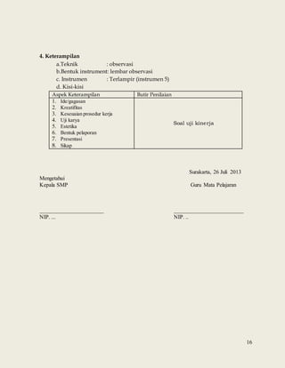 16
4. Keterampilan
a.Teknik : observasi
b.Bentuk instrument: lembar observasi
c. Instrumen : Terlampir (instrumen 5)
d. Kisi-kisi
Aspek Keterampilan Butir Penilaian
1. Ide/gagasan
2. Kreatifitas
3. Keseuaian prosedur kerja
4. Uji karya
5. Estetika
6. Bentuk pelaporan
7. Presentasi
8. Sikap
Soal uji kinerja
Surakarta, 26 Juli 2013
Mengetahui
Kepala SMP Guru Mata Pelajaran
_______________________ _________________________
NIP. ... NIP. ..
 