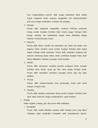 9
Guru mengkondisikan perserta didik dengan pendekatan ilmiah dimulai
dengan mengamati model, menanya, menganalisis, dan mempresentasikan
jenis karya dengan memberikan komentar dan pendapat.
2. Menanya
Peserta didik mengamati, menganalisis, menyusun beberapa pertanyaan
tentang produk kerajinan berbahan lunak buatan dengan berbagai tehnik
potong, sambung, dan pembentukan dengan tekun, dilanjutkan dengan
membuat draf perencanaan desain.
3. Mencoba,
Peserta didik diskusi, meneliti, dan menentukan alat, bahan, dan teknik, serta
fungsinya dalam membuat desain produk kerajinan berbahan lunak buatan
dengan berbagai teknik pembuatan. Peserta didik melakukan eksplorasi dan
mencoba merancang desain, bahan, teknik, pembuatan kerajinan bahan lunak
buatan dilanjutkan membuat rancangan desain kerajian.
4. Menalar
Peserta didik mencermati, menelaah prosedur pembuatan benda kerajinan
berbahan dasar buatan seperti gip, lilin, sabun dengan berbagai teknik.
Peserta didik memastikan kebenaran rancangan desain yang siap untuk
disajikan.
5. Menyaji
Peserta didik mempresentasikan hasil perancangan desain pada teman
kelasnya di depan kelas.
6. Mencipta
Peserta didik membuat perencanaan desain produk kerajinan berbahan lunak
alami untuk benda hias dengan memperhatikan aspek estetisnya.
c. Penutup
Dalam kegiatan penutup, guru dan peserta didik melakukan:
1. Kesimpulan
Peserta didik setelah diberikan masukan kritik terhadap karya yang dibuat
selanjutnya dapat memberikan kesimpulan untuk penyempurnaan laporan.
 