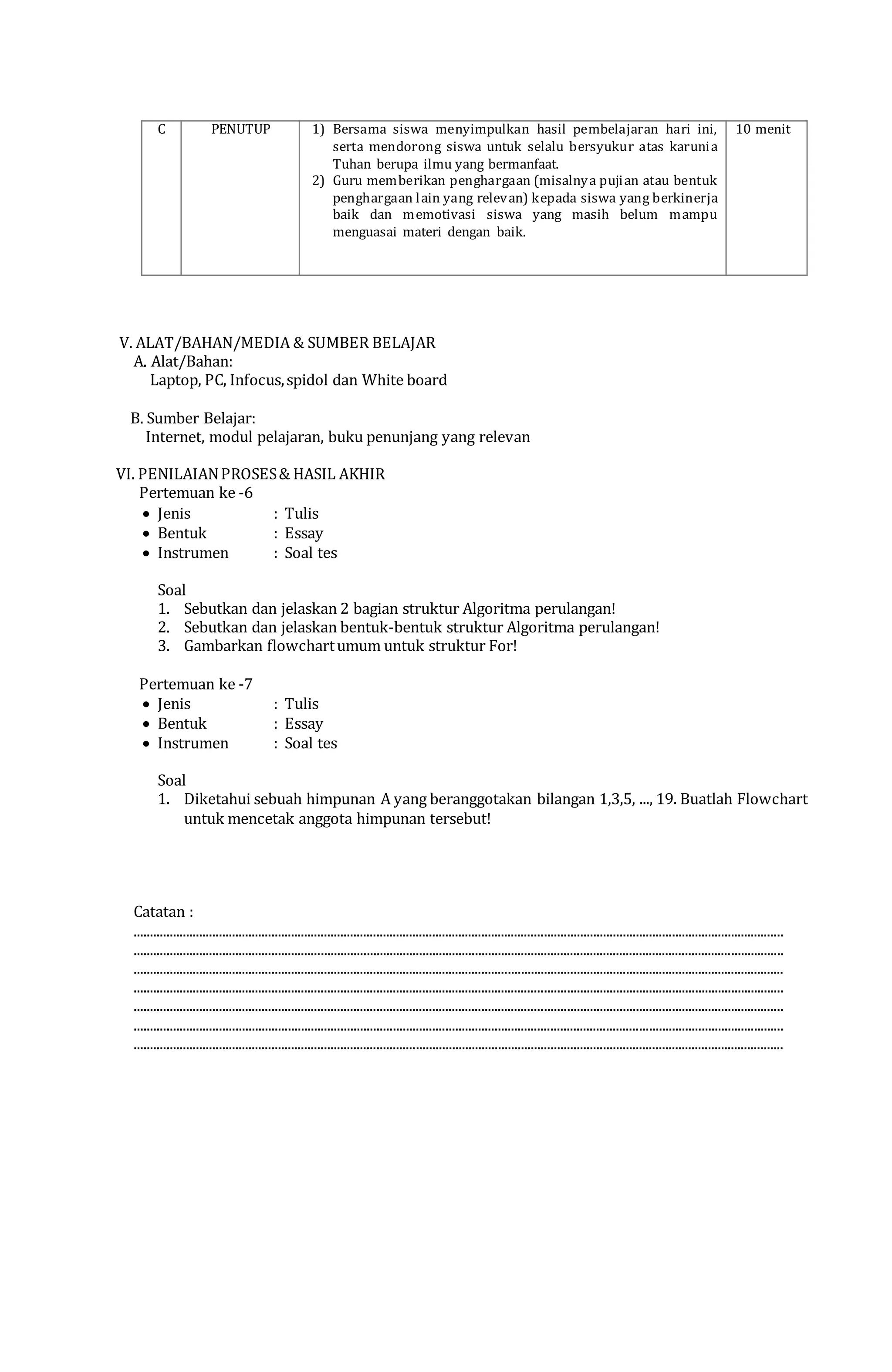 C PENUTUP 1) Bersama siswa menyimpulkan hasil pembelajaran hari ini,
serta mendorong siswa untuk selalu bersyukur atas karunia
Tuhan berupa ilmu yang bermanfaat.
2) Guru memberikan penghargaan (misalnya pujian atau bentuk
penghargaan lain yang relevan) kepada siswa yang berkinerja
baik dan memotivasi siswa yang masih belum mampu
menguasai materi dengan baik.
10 menit
V. ALAT/BAHAN/MEDIA & SUMBER BELAJAR
A. Alat/Bahan:
Laptop, PC, Infocus,spidol dan White board
B. Sumber Belajar:
Internet, modul pelajaran, buku penunjang yang relevan
VI. PENILAIANPROSES& HASIL AKHIR
Pertemuan ke -6
 Jenis : Tulis
 Bentuk : Essay
 Instrumen : Soal tes
Soal
1. Sebutkan dan jelaskan 2 bagian struktur Algoritma perulangan!
2. Sebutkan dan jelaskan bentuk-bentuk struktur Algoritma perulangan!
3. Gambarkan flowchartumum untuk struktur For!
Pertemuan ke -7
 Jenis : Tulis
 Bentuk : Essay
 Instrumen : Soal tes
Soal
1. Diketahui sebuah himpunan A yang beranggotakan bilangan 1,3,5, ..., 19. Buatlah Flowchart
untuk mencetak anggota himpunan tersebut!
Mengetahui,
Catatan :
......................................................................................................................................................................................................
......................................................................................................................................................................................................
......................................................................................................................................................................................................
......................................................................................................................................................................................................
......................................................................................................................................................................................................
......................................................................................................................................................................................................
......................................................................................................................................................................................................
 