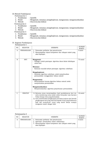 III. Metode Pembelajaran
Pertemuan ke-1
1. Pendekatan : Saintifik
2. Model : Mengamati, menanya, mengeksplorasi, mengasosiasi, mengomunikasikan
3. Metode : Discovery dan diskusi
Pertemuan ke-2
1. Pendekatan : Saintifik
2. Model : Mengamati, menanya, mengeksplorasi, mengasosiasi, mengomunikasikan
3. Metode : Discovery dan diskusi
Pertemuan ke-3
1. Pendekatan : Saintifik
2. Model : Mengamati, menanya, mengeksplorasi, mengasosiasi, mengomunikasikan
3. Metode : Discovery dan diskusi
IV. Kegiatan Pembelajaran
Pertemuan ke-1
NO KEGIATAN DESKRIPSI
ALOKASI
WAKTU
A PENDAHULUAN 1. Pemusatan perhatian dan pemotivasian.
2. Menyampaikan tujuan kompetensi dan cakupan materi yang
akan dipelajari.
5 menit
B INTI Mengamati:
- Pelbagai contoh penerapan algoritma dasar dalam kehidupan
sehari-hari.
Menanya:
- Rumusan masalah terkait penerapan algoritma sederhana
Mengeksplorasi:
- Membuat algoritma sederhana untuk menyelesaikan
permasalahan menggunakan bahasa natural
Mengasosiasi:
- Menyimpulkan konsep algoritma bahasa natural untuk
menyelesaikan permasalahan
Mengomunikasikan:
- Mempresentasikan algoritma penyelesaian permasalahan
75 menit
C PENUTUP 1) Bersama siswa menyimpulkan hasil pembelajaran hari ini,
serta mendorong siswa untuk selalu bersyukur atas karunia
Tuhan berupa ilmu yang bermanfaat.
2) Guru memberikan penghargaan (misalnya pujian atau bentuk
penghargaan lain yang relevan) kepada siswa yang berkinerja
baik dan memotivasi siswa yang masih belum mampu
menguasai materi dengan baik.
10 menit
Pertemuan ke-2
NO KEGIATAN DESKRIPSI
ALOKASI
WAKTU
A PENDAHULUAN 1. Pemusatan perhatian dan pemotivasian.
2. Apersepsi: menanyakan materi sebelumnya.
3. Menyampaikan tujuan kompetensi dan cakupan materi yang
akan dipelajari.
5 menit
 