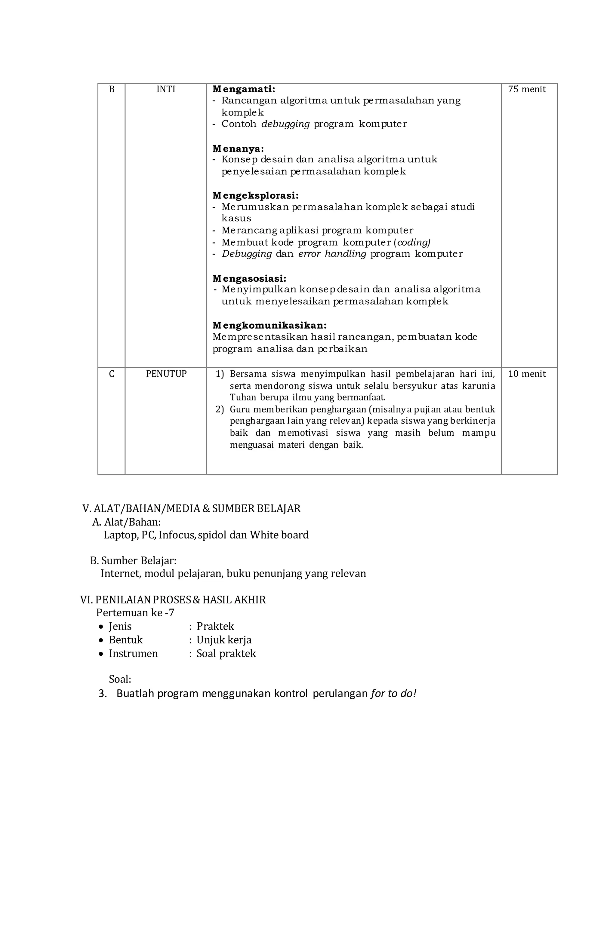 B INTI Mengamati:
- Rancangan algoritma untuk permasalahan yang
komplek
- Contoh debugging program komputer
Menanya:
- Konsep desain dan analisa algoritma untuk
penyelesaian permasalahan komplek
Mengeksplorasi:
- Merumuskan permasalahan komplek sebagai studi
kasus
- Merancang aplikasi program komputer
- Membuat kode program komputer (coding)
- Debugging dan error handling program komputer
Mengasosiasi:
- Menyimpulkan konsepdesain dan analisa algoritma
untuk menyelesaikan permasalahan komplek
Mengkomunikasikan:
Mempresentasikan hasil rancangan, pembuatan kode
program analisa dan perbaikan
75 menit
C PENUTUP 1) Bersama siswa menyimpulkan hasil pembelajaran hari ini,
serta mendorong siswa untuk selalu bersyukur atas karunia
Tuhan berupa ilmu yang bermanfaat.
2) Guru memberikan penghargaan (misalnya pujian atau bentuk
penghargaan lain yang relevan) kepada siswa yang berkinerja
baik dan memotivasi siswa yang masih belum mampu
menguasai materi dengan baik.
10 menit
V. ALAT/BAHAN/MEDIA & SUMBER BELAJAR
A. Alat/Bahan:
Laptop, PC, Infocus,spidol dan White board
B. Sumber Belajar:
Internet, modul pelajaran, buku penunjang yang relevan
VI. PENILAIANPROSES& HASIL AKHIR
Pertemuan ke -7
 Jenis : Praktek
 Bentuk : Unjuk kerja
 Instrumen : Soal praktek
Soal:
3. Buatlah program menggunakan kontrol perulangan for to do!
 