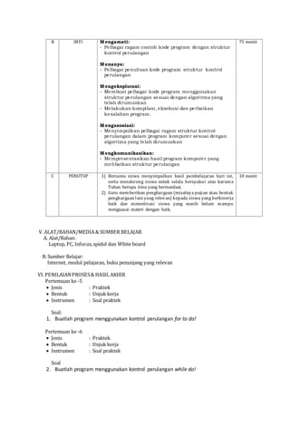 B INTI Mengamati:
- Pelbagai ragam contoh kode program dengan struktur
kontrol perulangan
Menanya:
- Pelbagai penulisan kode program struktur kontrol
perulangan
Mengeksplorasi:
- Membuat pelbagai kode program menggunakan
struktur perulangan sesuai dengan algoritma yang
telah dirumuskan
- Melakukan kompilasi, eksekusi dan perbaikan
kesalahan program.
Mengasosiasi:
- Menyimpulkan pelbagai ragam struktur kontrol
perulangan dalam program komputer sesuai dengan
algoritma yang telah dirumuskan
Mengkomunikasikan:
- Mempresentasikan hasil program komputer yang
melibatkan struktur perulangan
75 menit
C PENUTUP 1) Bersama siswa menyimpulkan hasil pembelajaran hari ini,
serta mendorong siswa untuk selalu bersyukur atas karunia
Tuhan berupa ilmu yang bermanfaat.
2) Guru memberikan penghargaan (misalnya pujian atau bentuk
penghargaan lain yang relevan) kepada siswa yang berkinerja
baik dan memotivasi siswa yang masih belum mampu
menguasai materi dengan baik.
10 menit
V. ALAT/BAHAN/MEDIA & SUMBER BELAJAR
A. Alat/Bahan:
Laptop, PC, Infocus,spidol dan White board
B. Sumber Belajar:
Internet, modul pelajaran, buku penunjang yang relevan
VI. PENILAIANPROSES& HASIL AKHIR
Pertemuan ke -5
 Jenis : Praktek
 Bentuk : Unjuk kerja
 Instrumen : Soal praktek
Soal:
1. Buatlah program menggunakan kontrol perulangan for to do!
Pertemuan ke -6
 Jenis : Praktek
 Bentuk : Unjuk kerja
 Instrumen : Soal praktek
Soal
2. Buatlah program menggunakan kontrol perulangan while do!
 